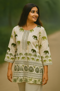 Off-White & Olive Elephant Print Co-ord Set – Chic Tunic & Pant Set for Women