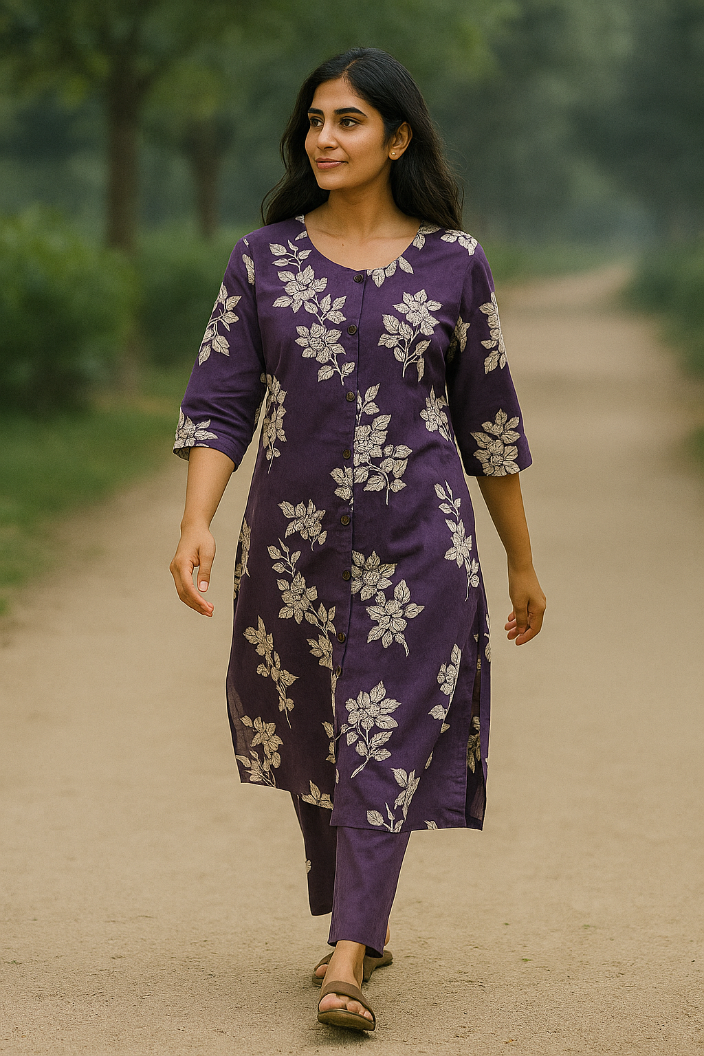 Purple Floral Print Kurti with Pant – Stylish Two-Piece Ethnic Set for Women