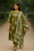 Olive Green Printed Kurti with Pant and Dupatta – Ethnic Three-Piece Set for Women