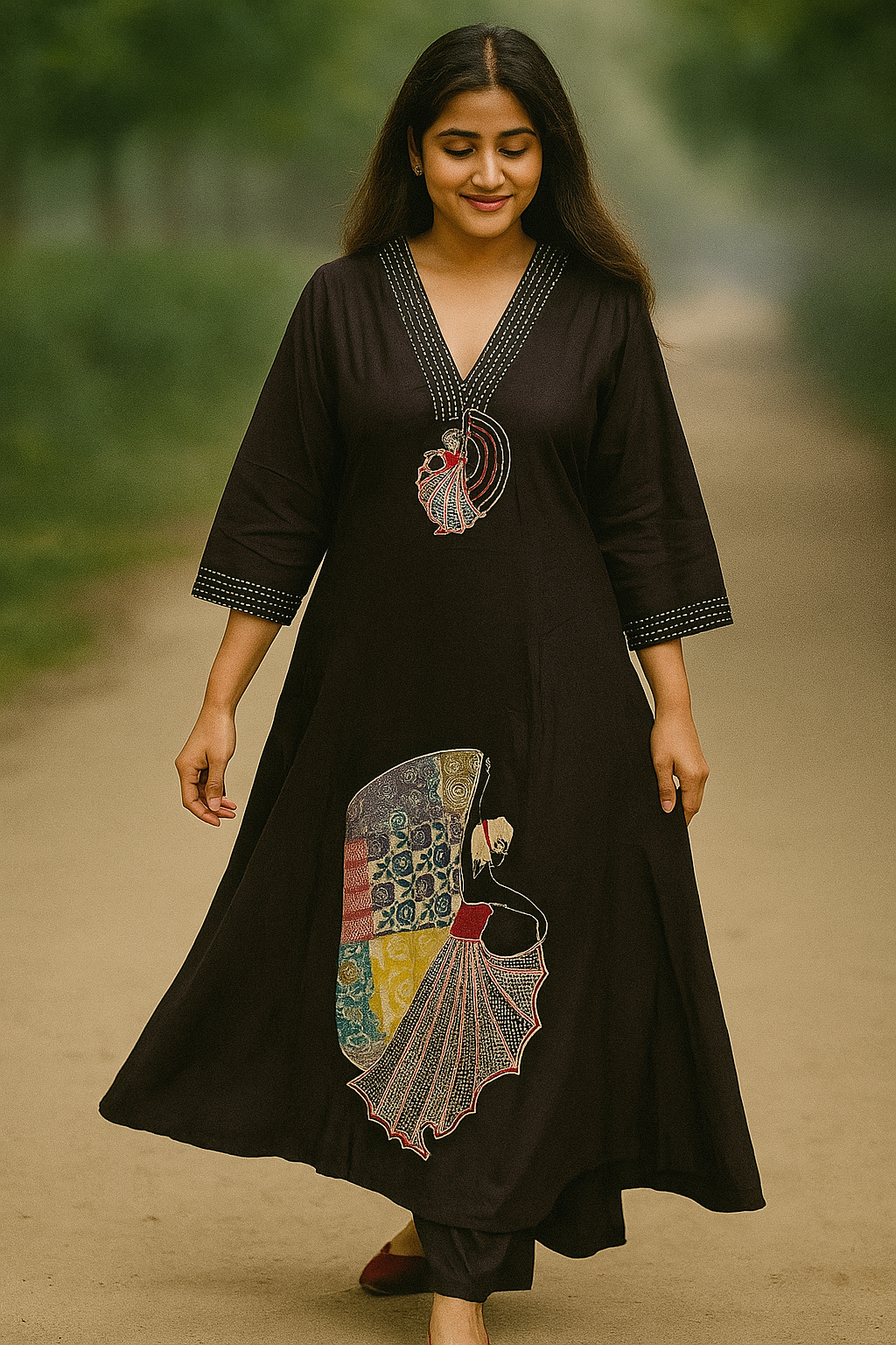 Black A-Line Kurti with Embroidery & Plazo Set – Designer Ethnic Wear for Women