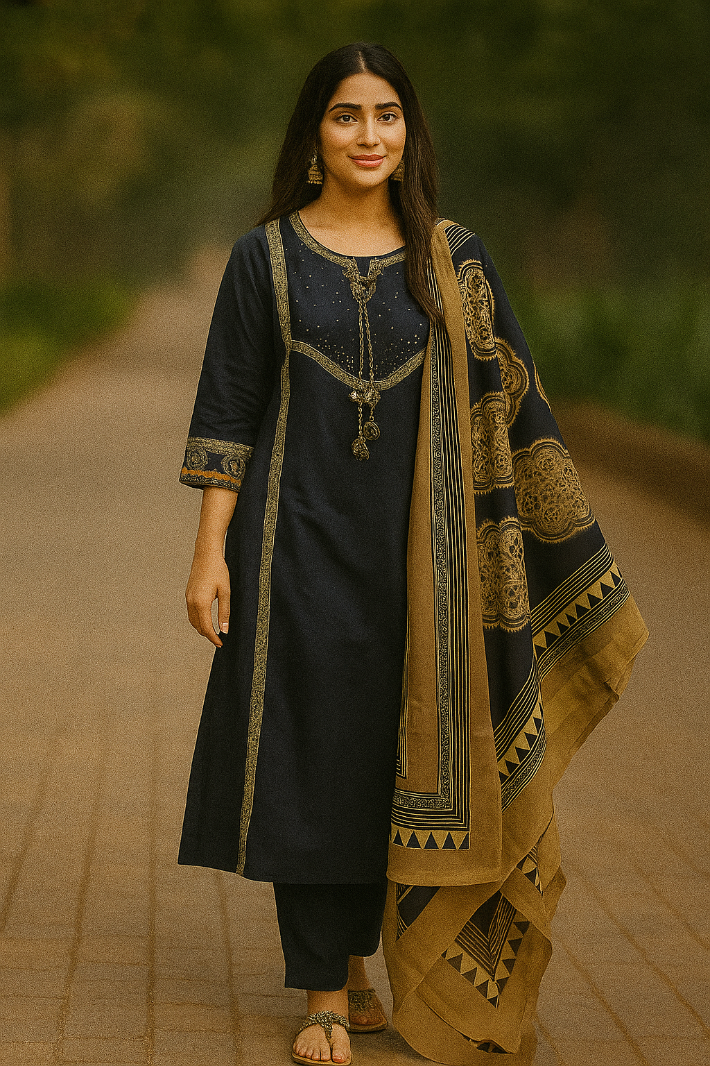 Navy Blue Ethnic Dress with Embroidered Dupatta – Traditional Festive Outfit for Women