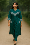 Teal Green Embroidered Kurta Set with Pants – Stylish Two-Piece Ethnic Set for Women