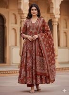 Jaipuri Cotton Printed Anarkail Embroidered V Nack With Pant and Dupatta