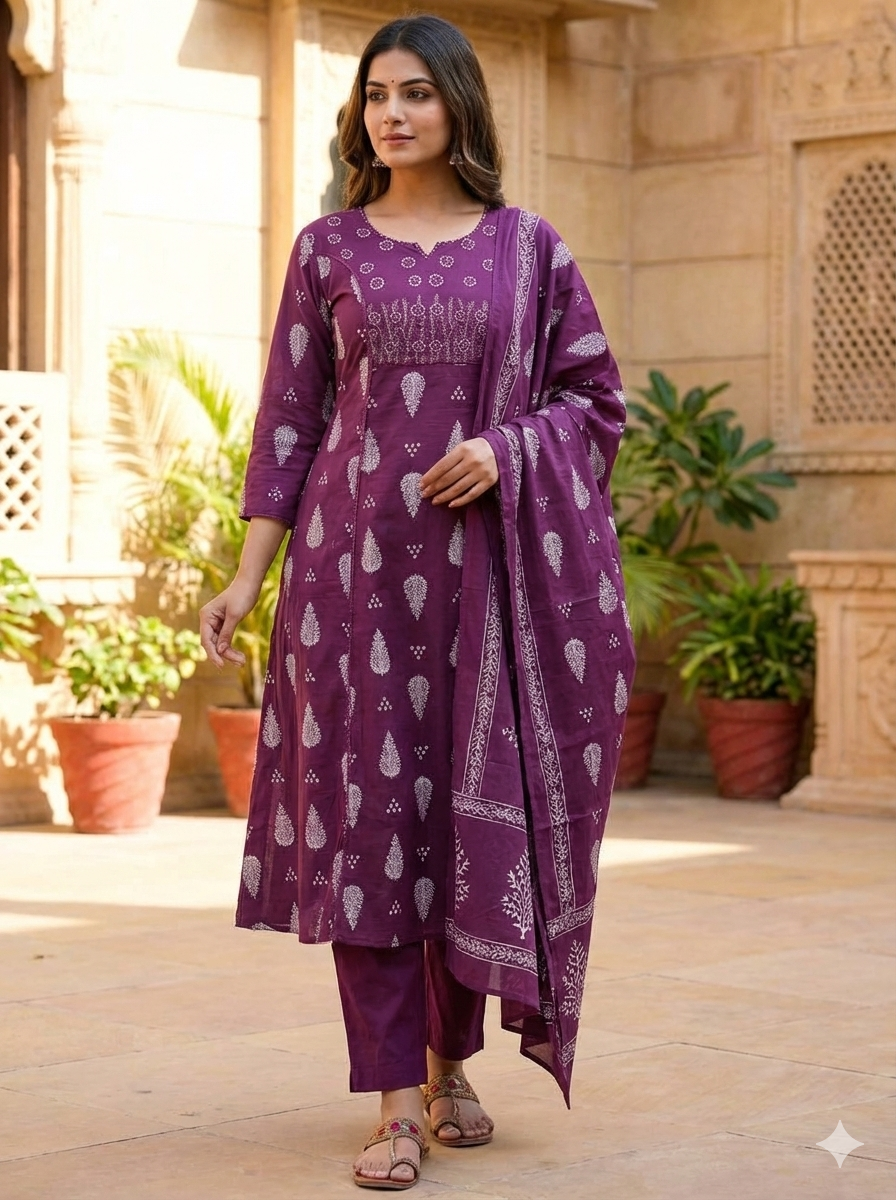 Jaipuri Embroidered Cotton Kurta Set with Pants