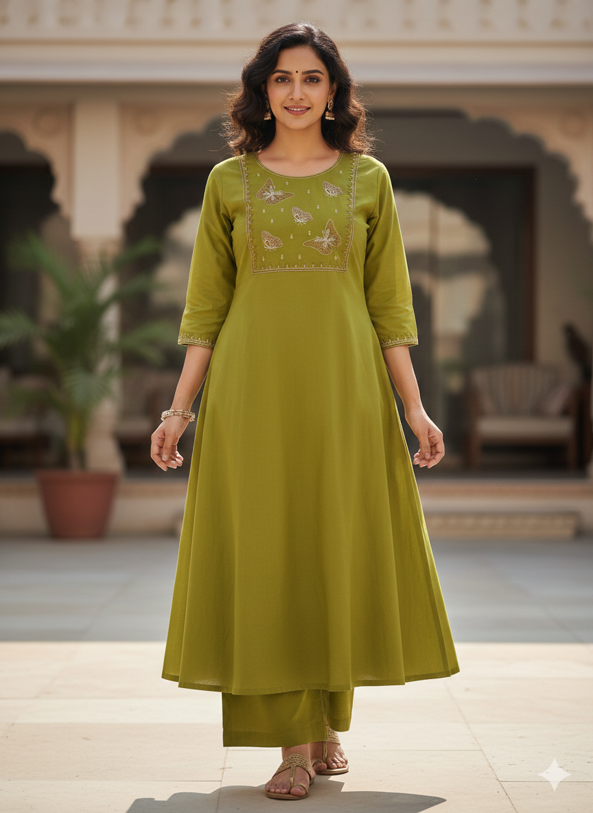 Embroidered  Work A Line  Cotton Palazzo with pocket