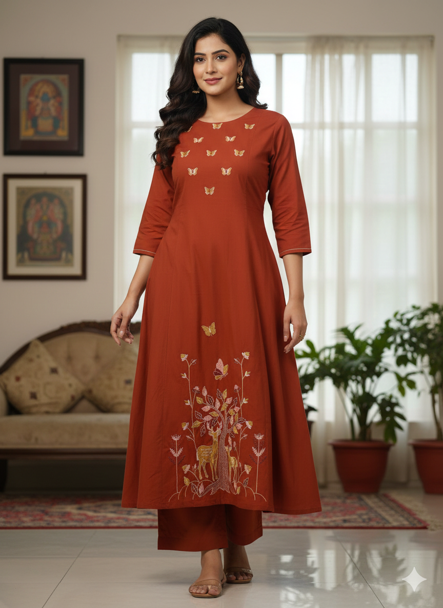 Embroidered  Work A Line  Cotton Palazzo with pocket