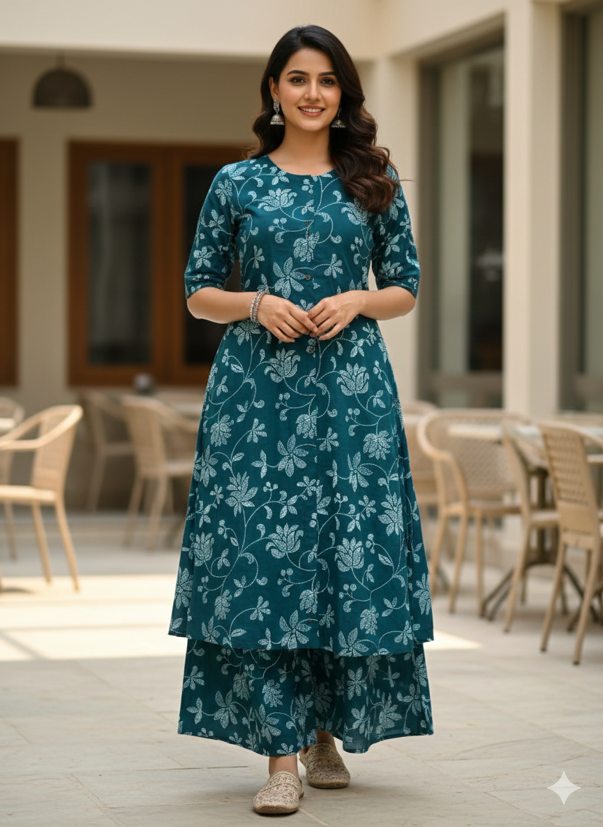 Jaipuri Cotton Kurti Palazoo Set Premium Stitched Style With Pocket For Daily Wear