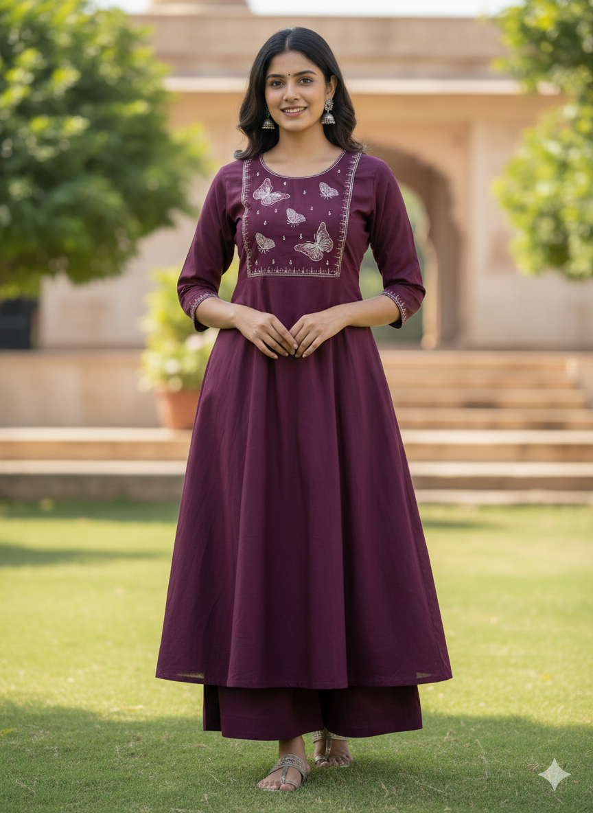 Embroidered  Work A Line  Cotton Palazzo with pocket