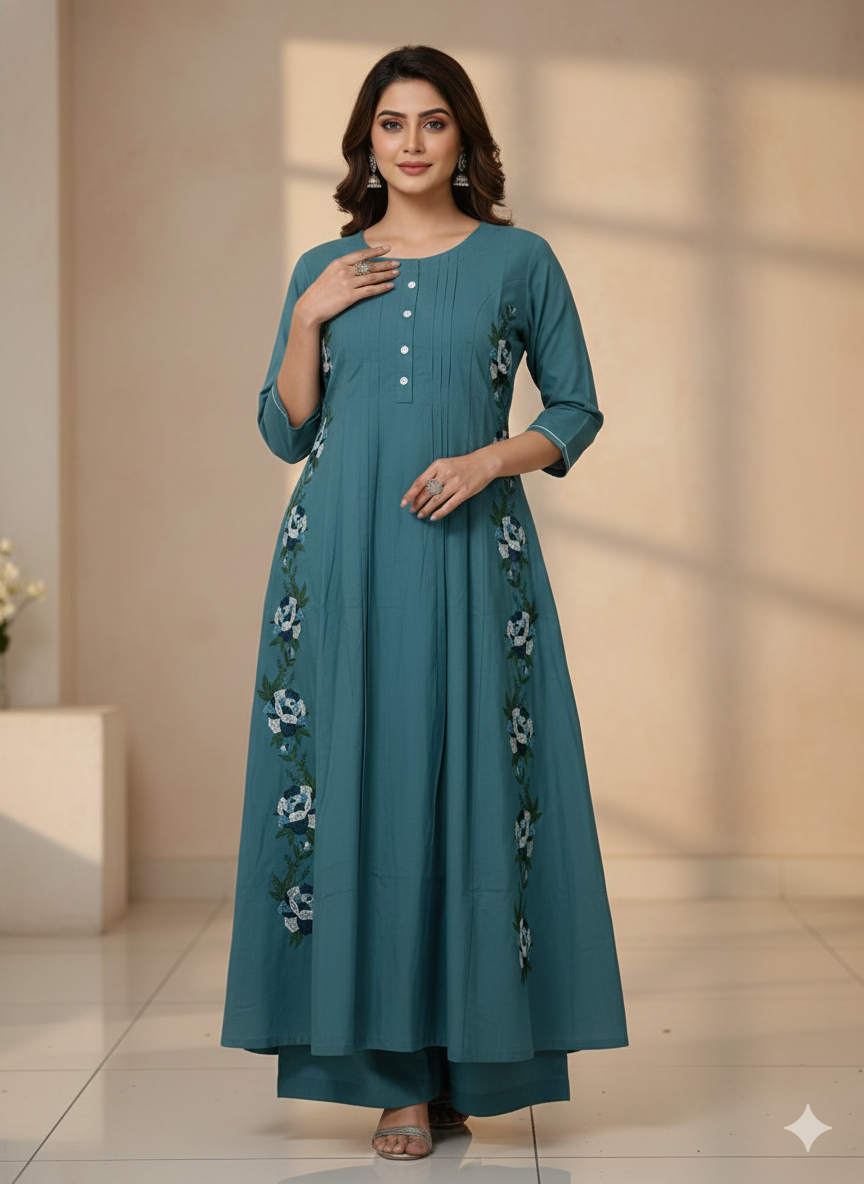 Embroidered  Work A Line  Cotton Palazzo with pocket