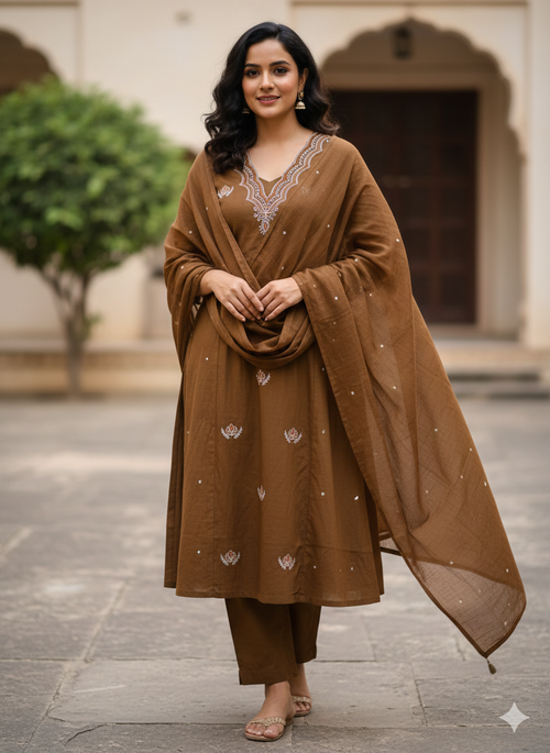 Embroidered  Work A Line  Cotton Palazzo Dress