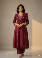 Embroidered  Work A Line  Cotton Palazzo Dress