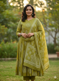 Lemon Yellow Bandhani Printed Anarkail with pants and Dupatta