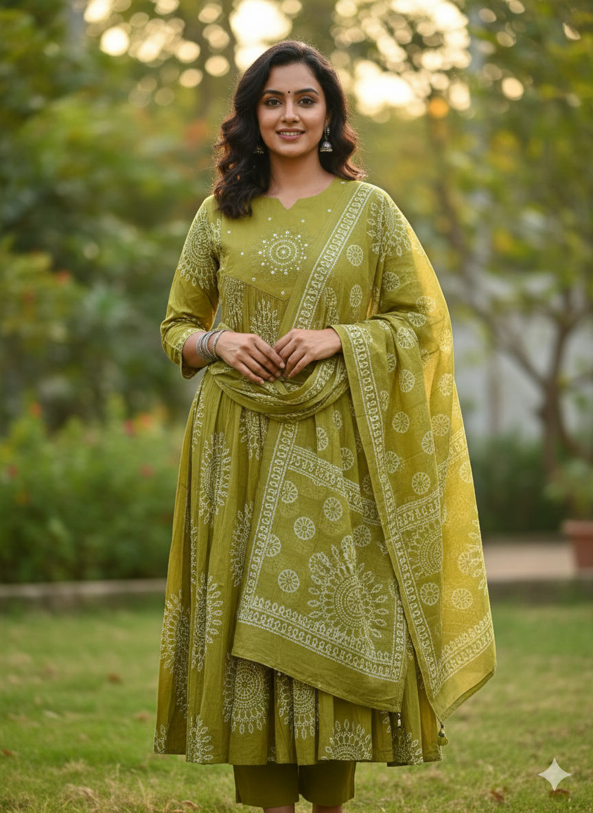 Lemon Yellow Bandhani Printed Anarkail with pants and Dupatta