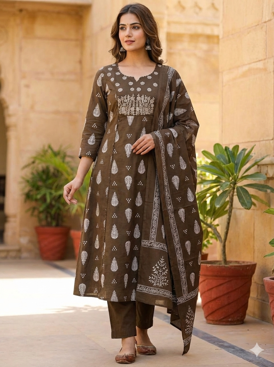 Jaipuri Embroidered Cotton Kurta Set with Pants
