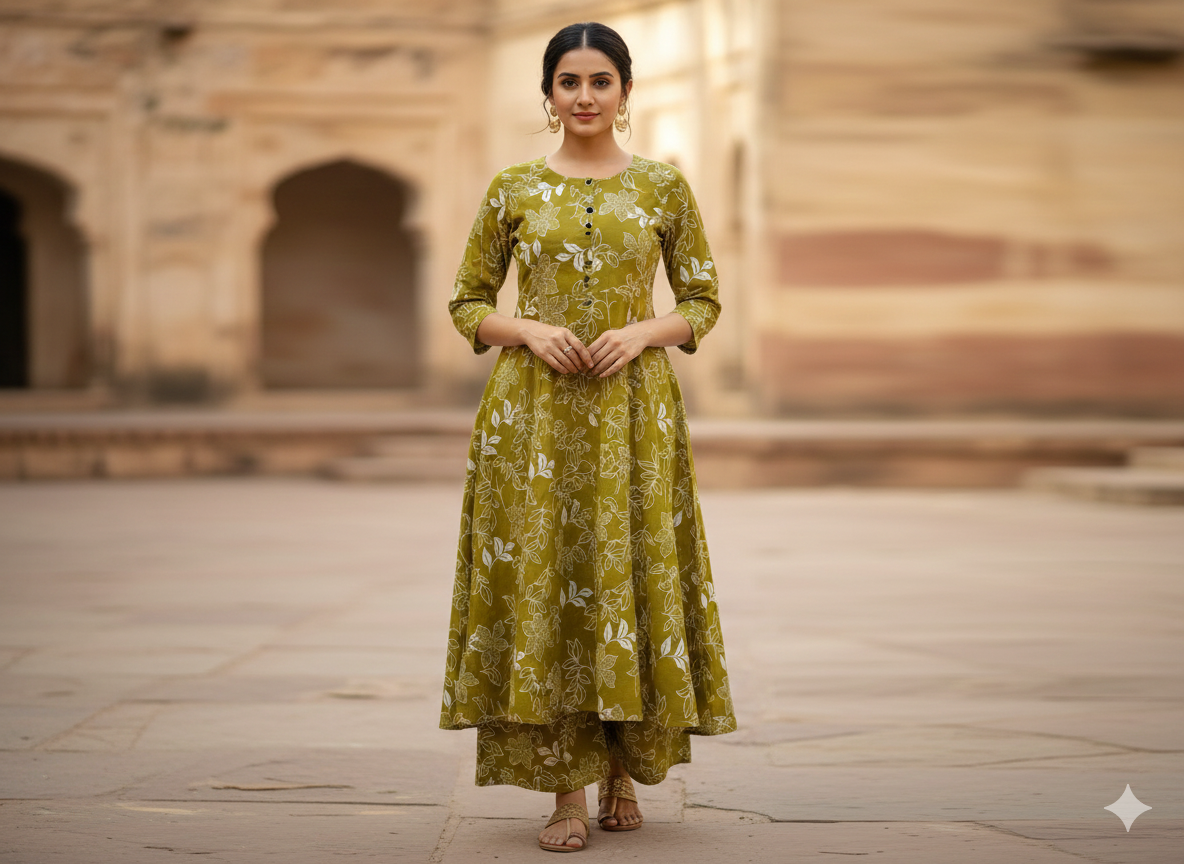Jaipuri Cotton Kurti Palazoo Set Premium Stitched Style With Pocket For Daily Wear
