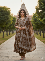 Jaipuri Cotton Printed Anarkail Embroidered V Nack With Pant and Dupatta
