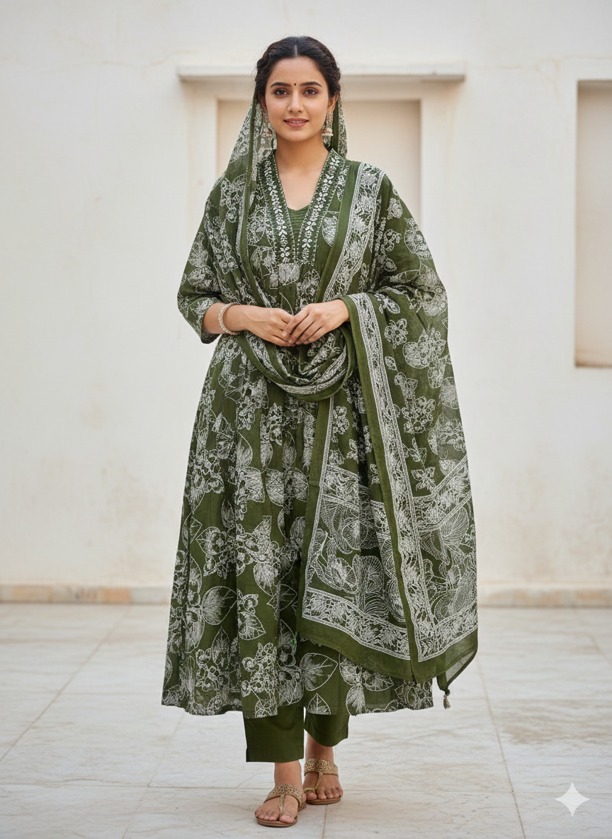 Jaipuri Cotton Printed Anarkail Embroidered V Nack With Pant and Dupatta