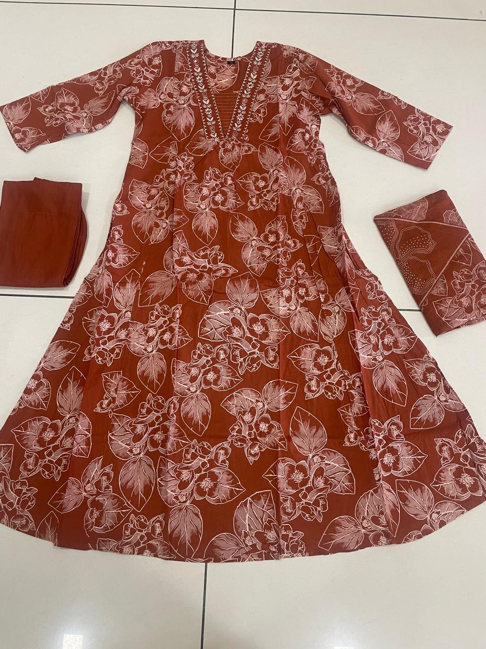Jaipuri Cotton Printed Anarkail Embroidered V Nack With Pant and Dupatta