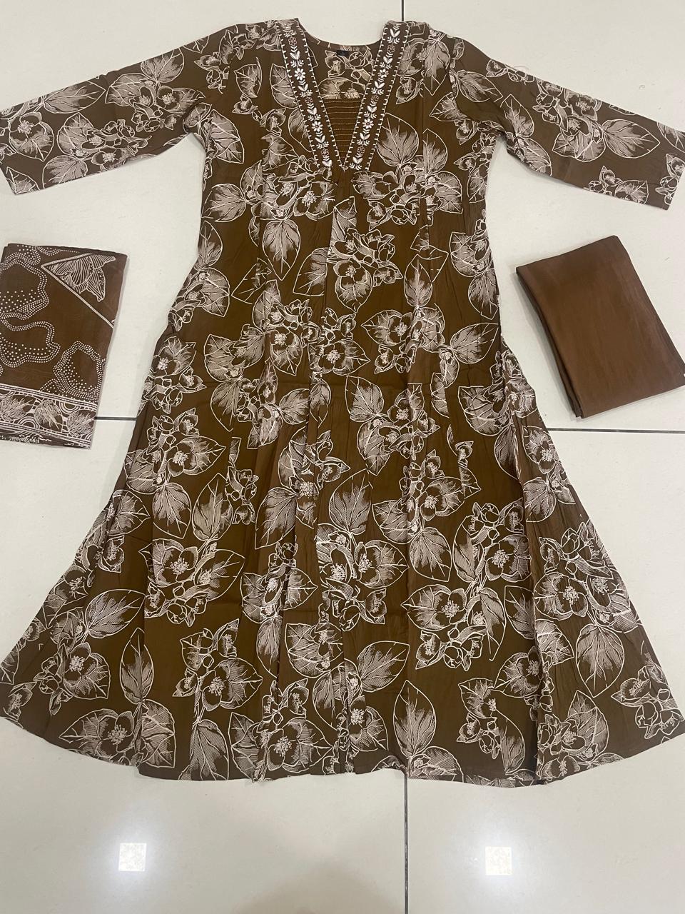 Jaipuri Cotton Printed Anarkail Embroidered V Nack With Pant and Dupatta